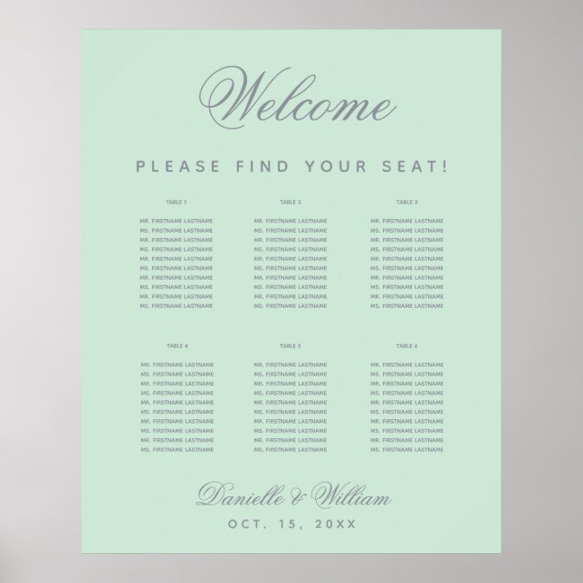 Poster 6 Mesas Gráfico de Assentos Casamento Verde Menta  (Frente)