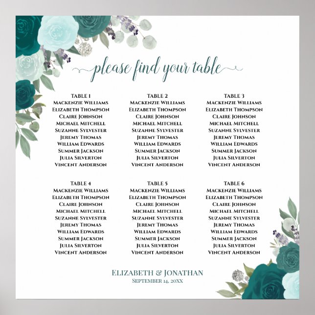 Poster 6 Rosas Teal Mesa Gráfico de Assentos de Casamento (Frente)