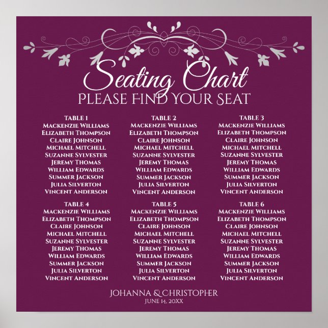 Poster 6 Table Chic Silver & Cassis Wedding Seating Chart (Frente)