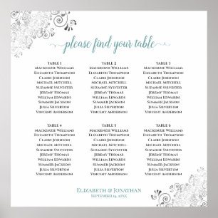Poster 6 Table Frilly Wedding Seating Chart Teal on White