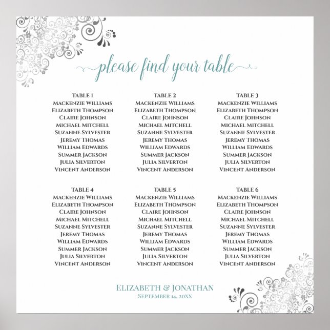 Poster 6 Table Frilly Wedding Seating Chart Teal on White (Frente)