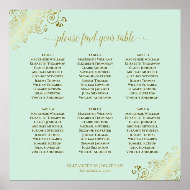 Poster 6 Table Neo Mint & Gold Wedding Seating Chart (Frente)