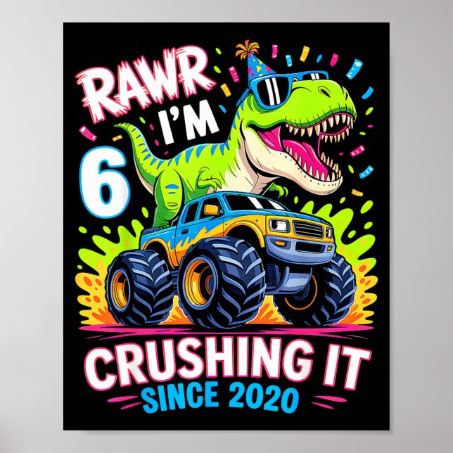 Poster 6nd Birthday Monster Truck Dinosaur Since 2020 Raw (Frente)