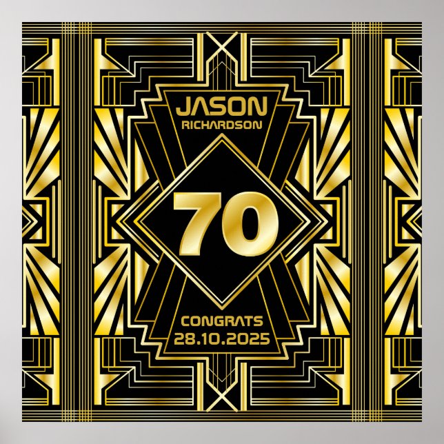 Poster 70 Birthday Art Deco Dourado Excelente Negro Gatsb (Frente)