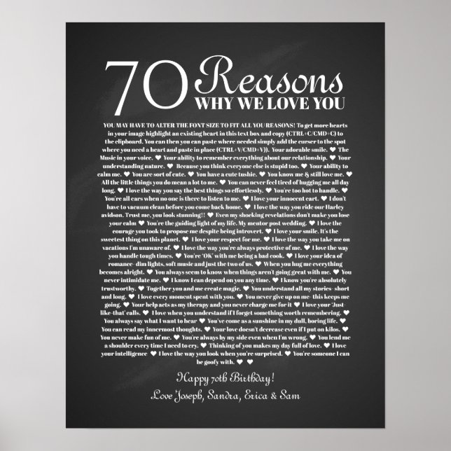 Poster 70 razões pelas quais amamos seu presente de anive (Frente)