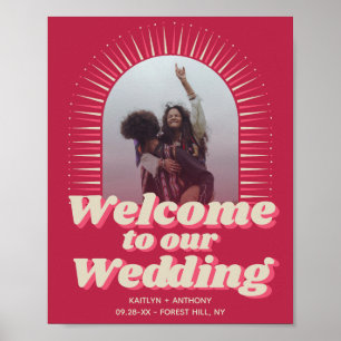 Poster 70 Retro Groovy Viva Magenta Casamento Bem-vindo