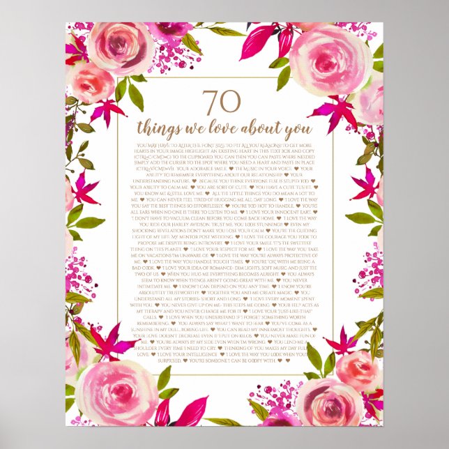 Poster 70 things we love about you pink roses anniversary (Frente)