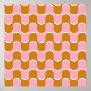Poster 70s retro vintage wavy pattern in gold and pinkwav
