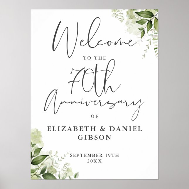 Poster 70th Wedding Anniversary Greenery Welcome Sign (Frente)