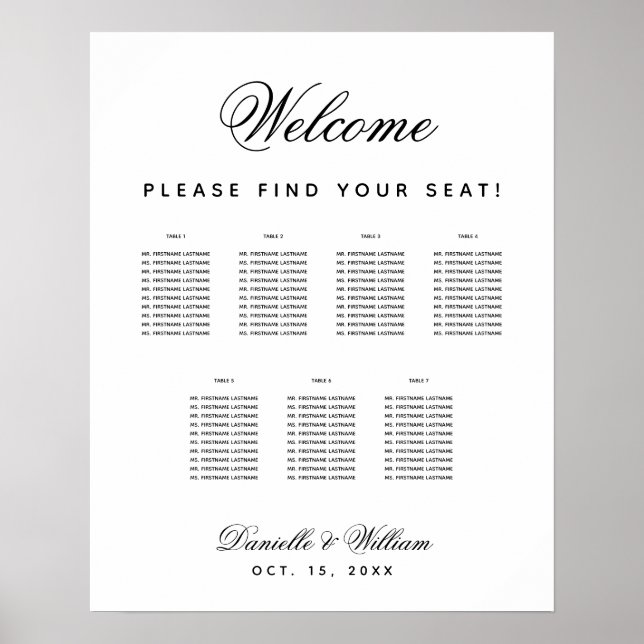 Poster 7 Mesas Simples Gráfico de Assentos de Casamento P (Frente)