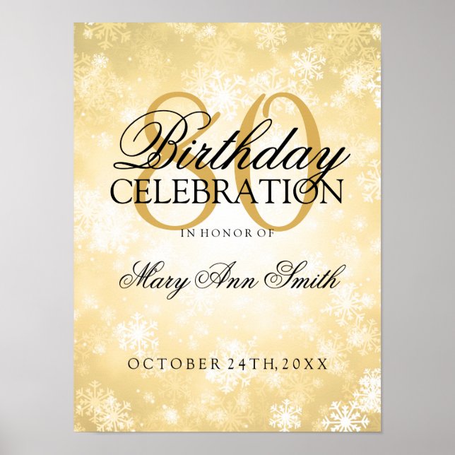 Pôster 80 Birthday Dourado Winter Wonderland (Frente)