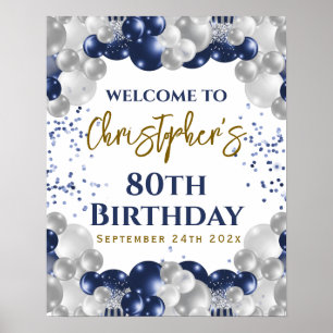 Poster 80 Birthday Marinho Balloons Party Bem-vindo