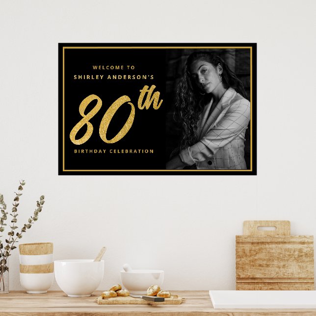 Poster 80th Birthday Photo Black Faux Gold Leaf Elegant  (Cozinha)