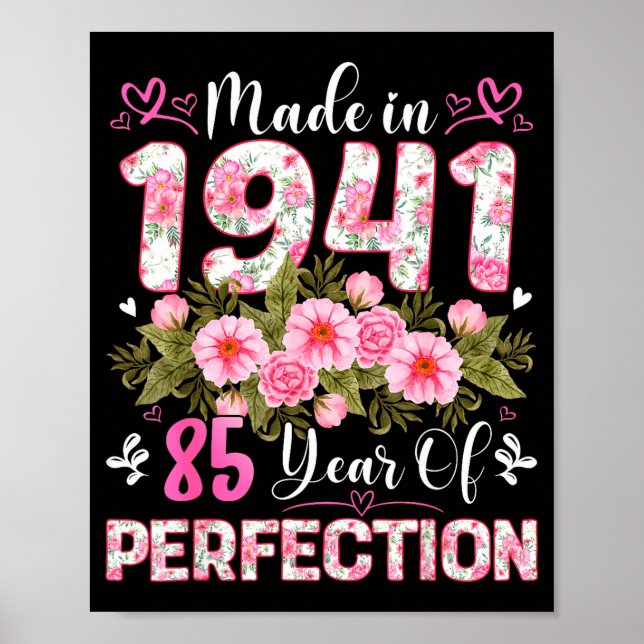 Poster 85 Year Old Made In 1941 Floral 85th Birthday Wome (Frente)