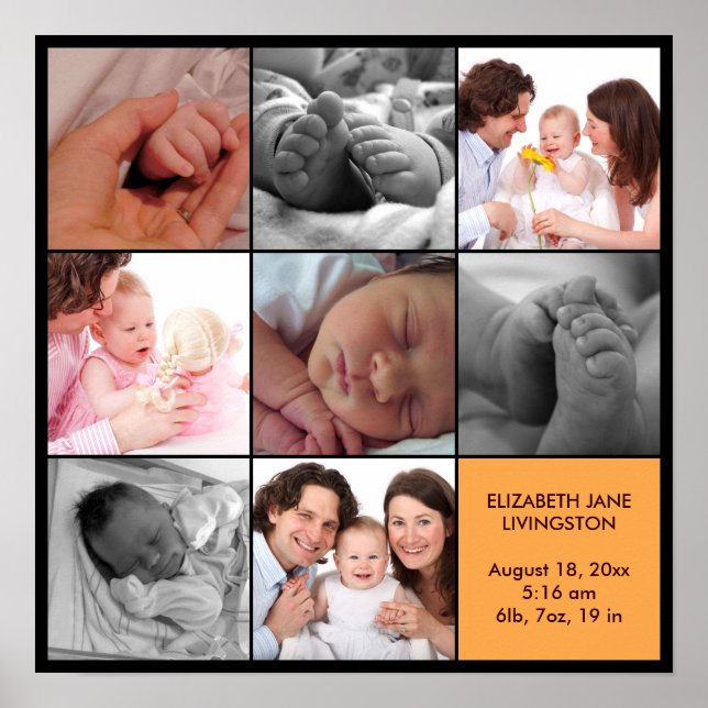 Pôster 8 fotos de bebê colagem moderna borda negra amarel (Frente)