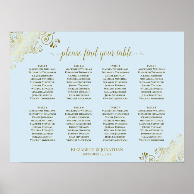 Poster 8 Gráfico de Casamento de Mesa Azul e Dourado (Frente)