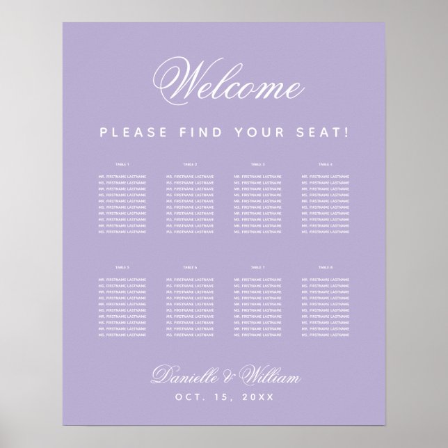 Poster 8 Mesa Lavanda Roxo Casamento Plano de Assentos  (Frente)