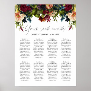 Poster 8 mesa Moody Floral Burgundy Plano de Casamento