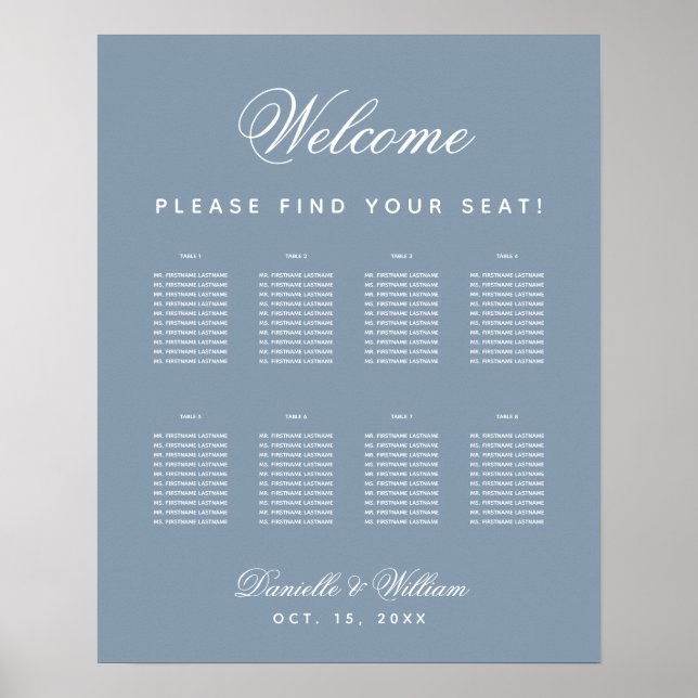 Poster 8 Mesa Poeira Azul Casamento Simples Carta de Asse (Frente)