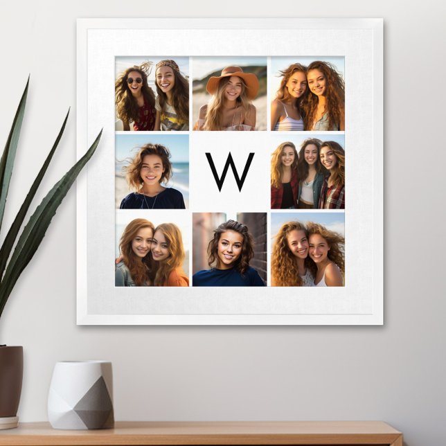 Pôster 8 Photo Collage Custom Monogram Black and White (Custom Poster with 9 Photos)