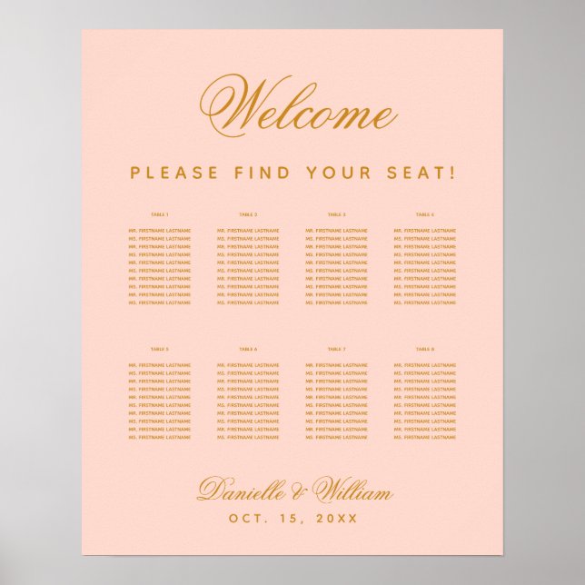 Poster 8 Tabelas Rosa Casamento Simples Carta de Lugares (Frente)