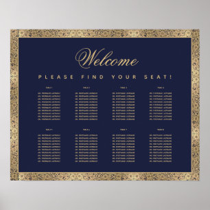 Poster 8 Table Navy Blue Vintage Gold Roses Seating Chart