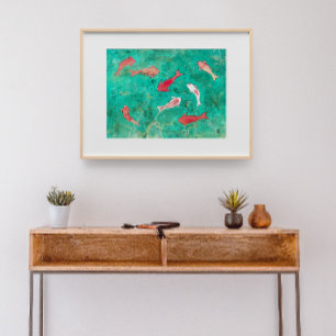 Poster 8 Vermelho e Dourado Aquarelas de Peixe Koi