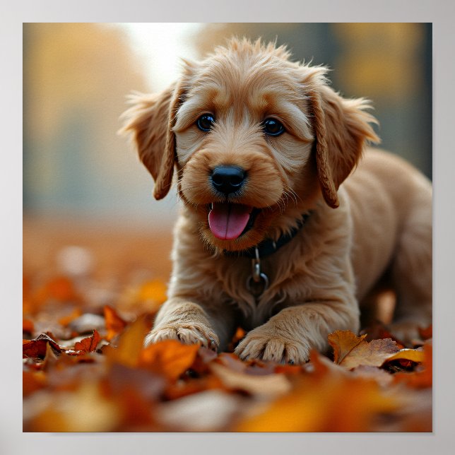Poster 8K Hyper-Realistic Puppy in Autumn Maple Leaves (Frente)