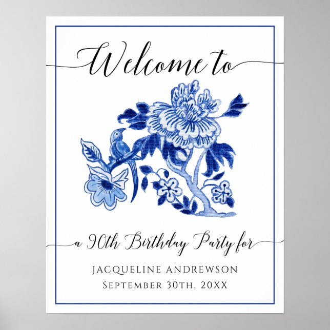 Poster 90 Birthday Blue and White Chinoiserie Floral (Frente)