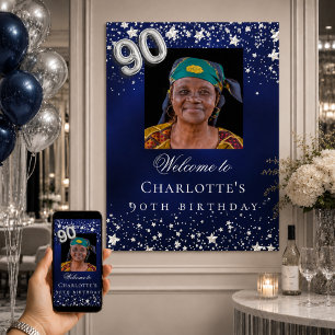 Poster 90 de Aniversário estrelas de prata azul