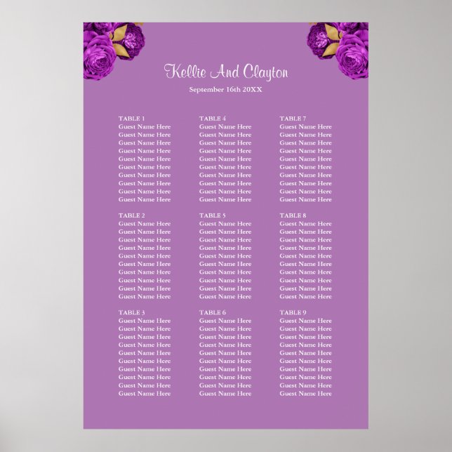Poster 90 Purple And Gold Floral Wedding Seating Chart (Frente)