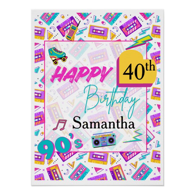 Pôster 90’s Themed Happy Birthday Party Backdrop Poster  (Frente)