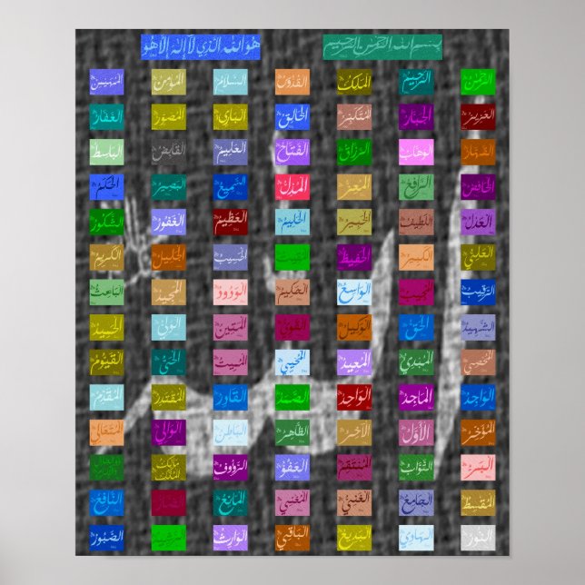 Pôster 99 Excelentes Nomes de ALLAH (Deus) Asmaa-ul Husna (Frente)