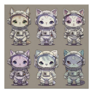 Pôster 9 Chibi Astronautas Gatinhos Equipe Espacial