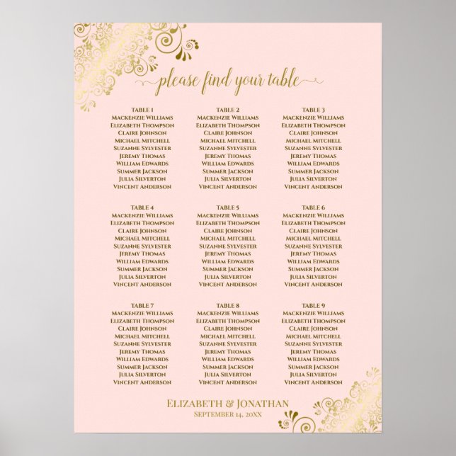 Poster 9 Table Wedding Seating Chart Blush Pink & Gold (Frente)