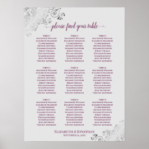 Poster 9 Table Wedding Seating Chart Cassis Purple & Gray