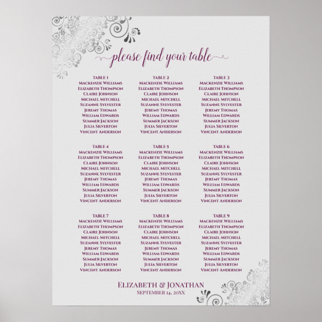 Poster 9 Table Wedding Seating Chart Cassis Purple & Gray (Frente)