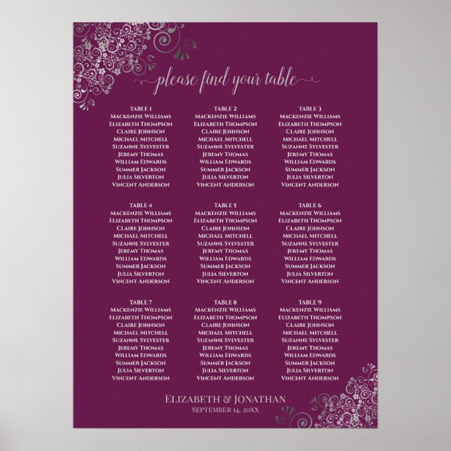 Poster 9 Table Wedding Seating Chart Cassis & Silver (Frente)