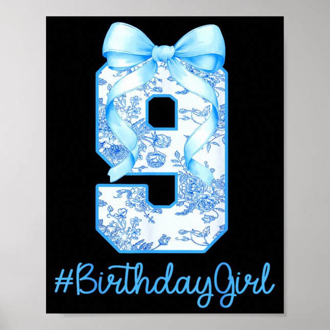 Poster 9 Year Old Birthday Girl Coquette Bow 9th Birthday (Frente)