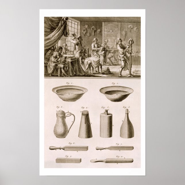 Poster A barbershop and barber tools, from the 'Encyclope (Frente)