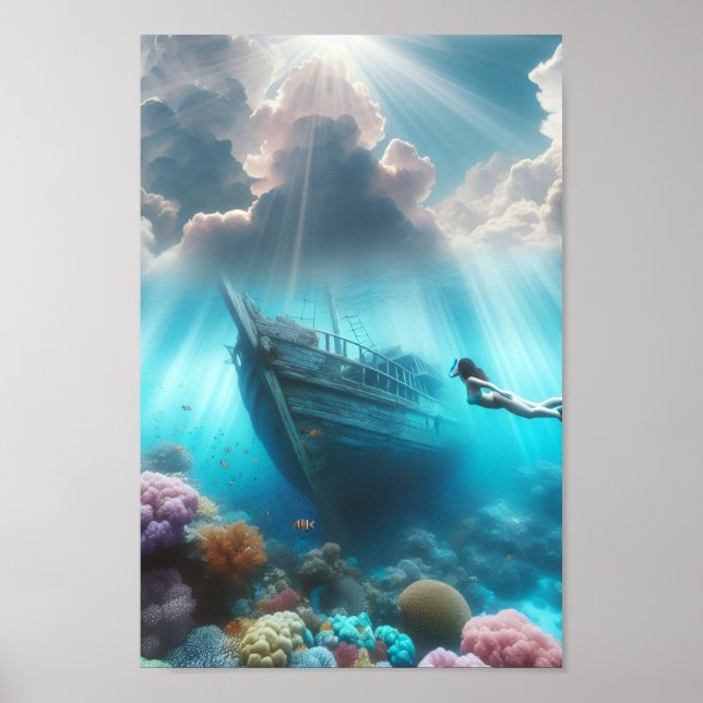 Poster A beautiful diver finds a ship wrecked in the reef (Frente)