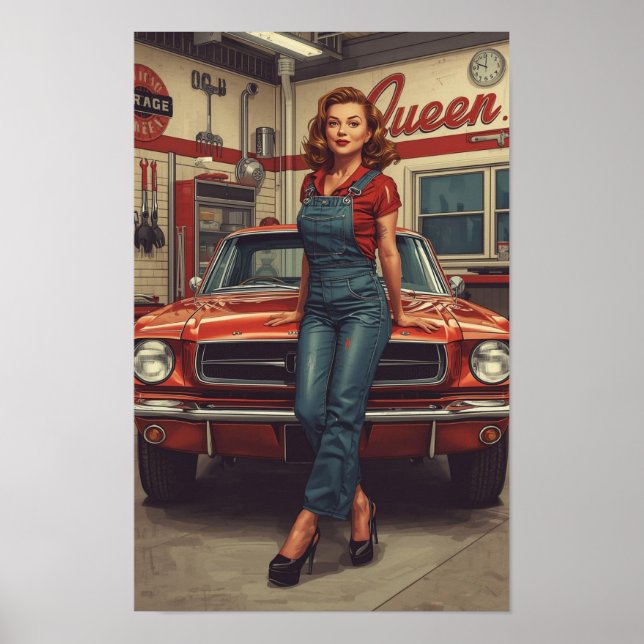 Poster A bold retro pin-up illustration featuring a greas (Frente)