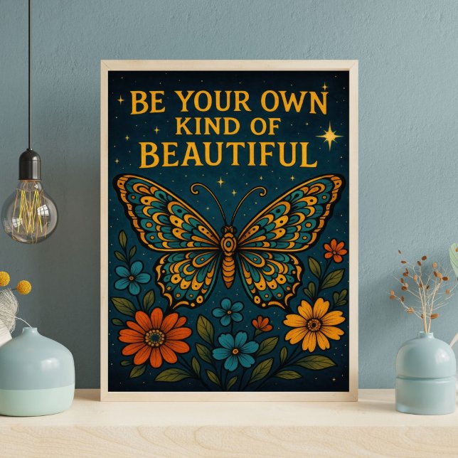 Poster A Borboleta Seja Sua Bela Motivação (Be Your Own Kind of Beautiful Butterfly Floral Motivational Inspirational wall art. Printed or Digit)