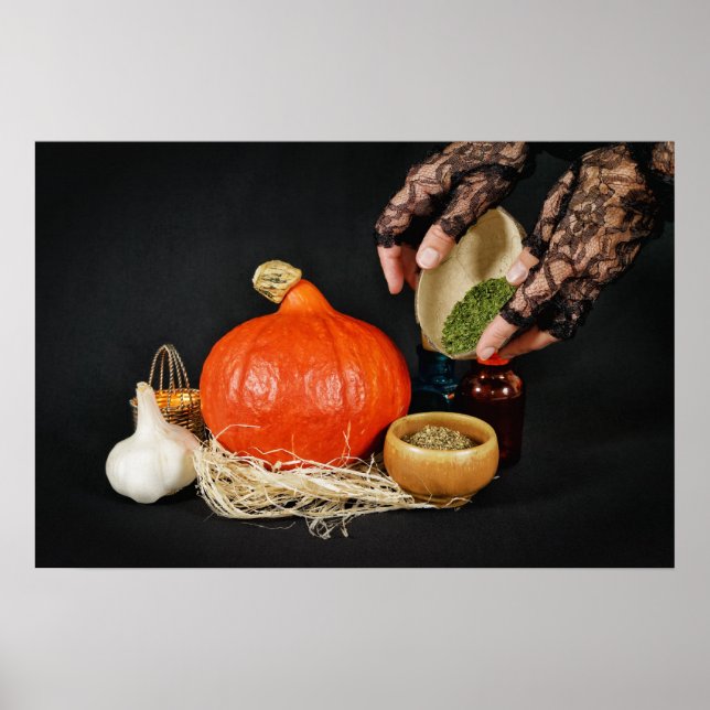 Poster A bruxa do Halloweeen prepara uma poção (Frente)