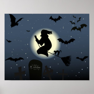 Poster a cena da bruxa voadora do halloween