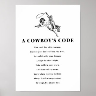 Poster A Cowboy's Code Print, Black and White, Wild West