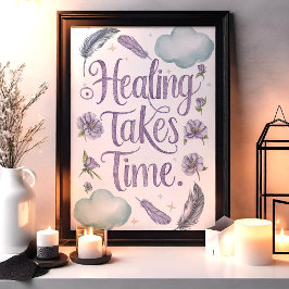 Poster A Cura Leva Tempo Arte Floral e de Penas em Pastel