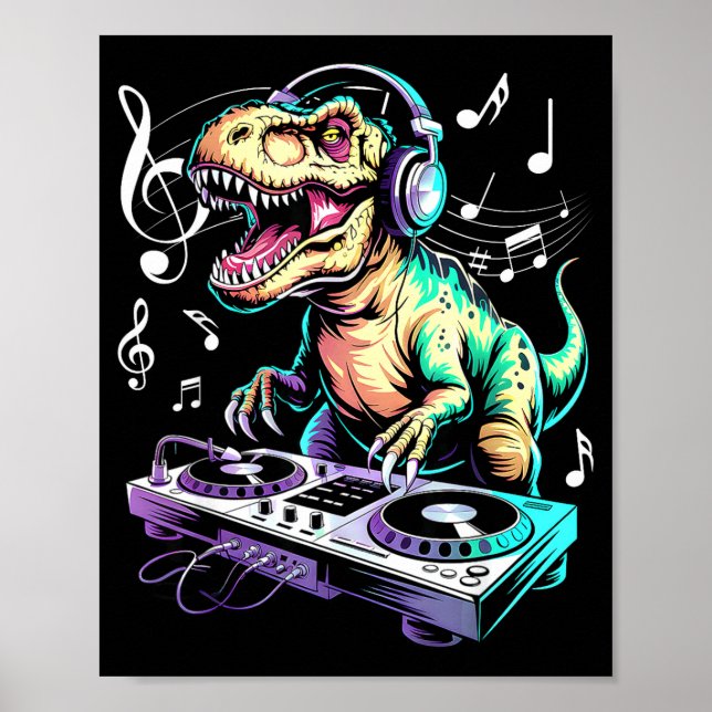 Poster A Cute T-rex Playing Electronic Music Funny Dj Din (Frente)