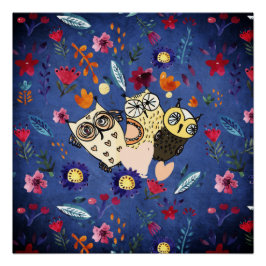 Pôster A feliz família animal de pássaros no Jardim Flor