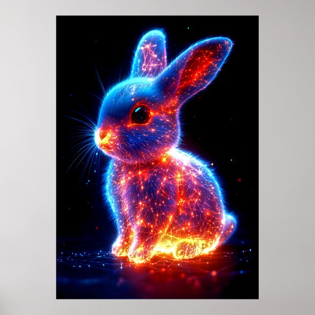 Poster A glowing rabbit is depicted with vibrant blue and (Frente)